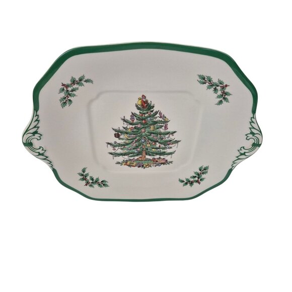 Spode Christmas Tree Handled Cake Plate S3324 R England Green Trim Indent - Picture 2 of 10